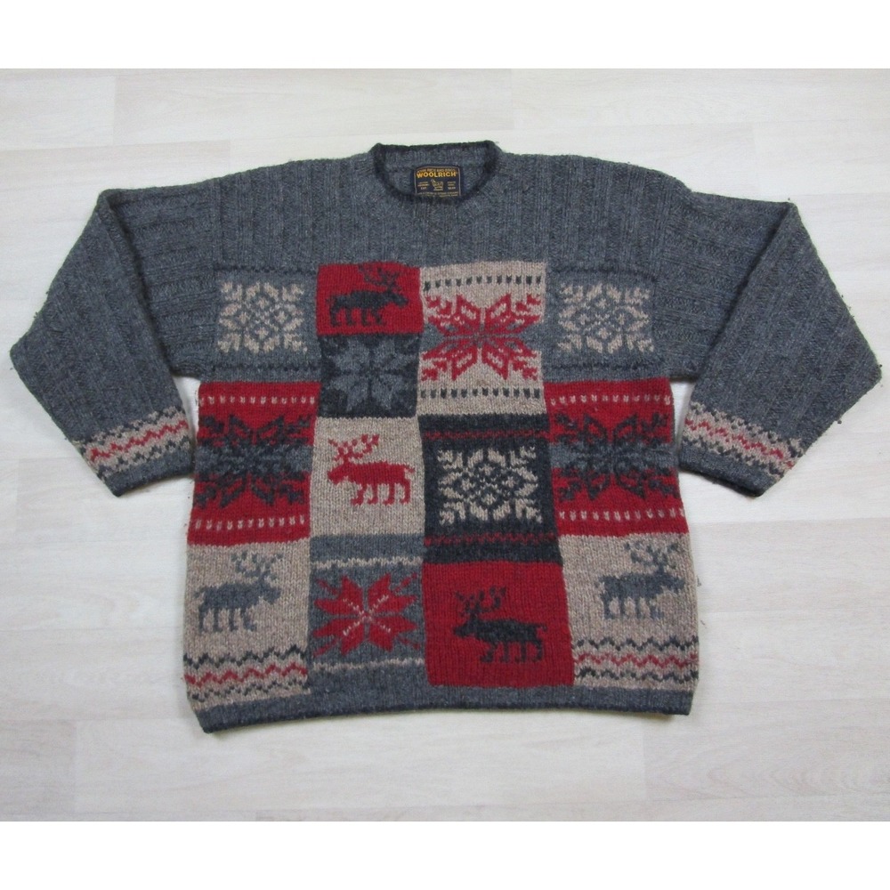 Vintage 90s Woolrich Patchwork Wool Sweater Womens (M) Moose Snowflake Cozycore
